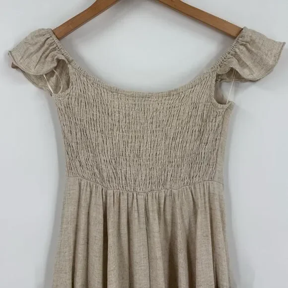 Dress Forum Linen Blend Off Shoulder Smocked Back Dress in Natural | Small - Picture 5 of 6